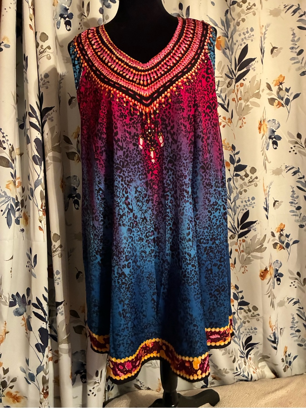 Vibrant Pink to Blue Ombre Beaded Women’s Tunic Dress Size Large B18 Boho